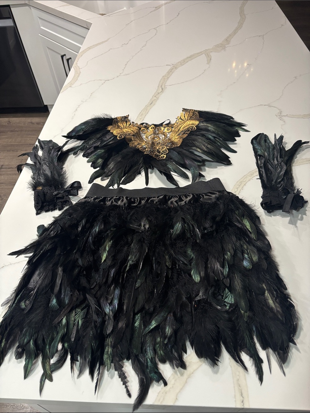 Black Feather Mini Skirt , arm/hand , shoulder cover - Halloween Party Wear. S-M